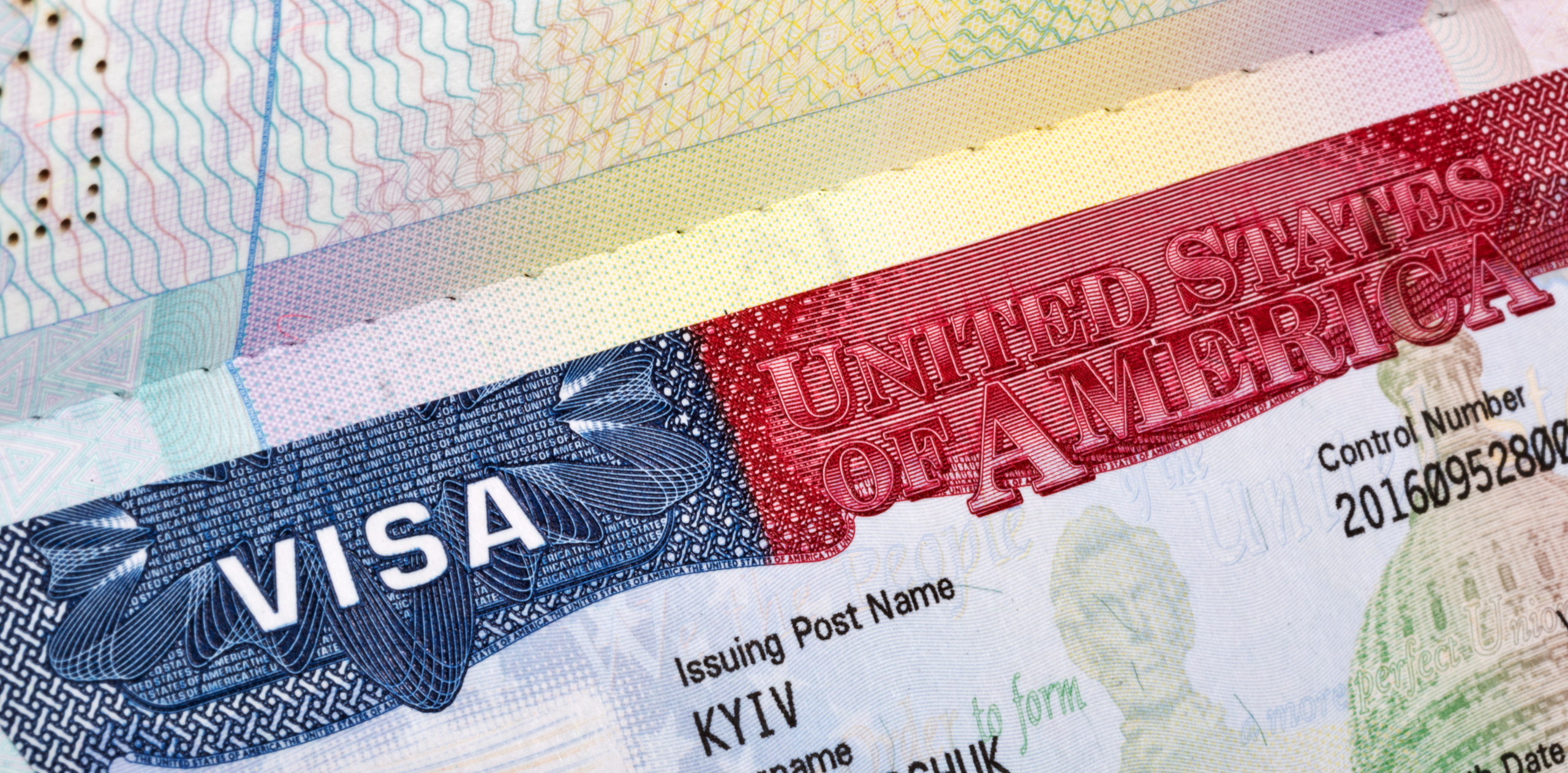 American Visa in the passport closeup issued in Kiev, Ukraine